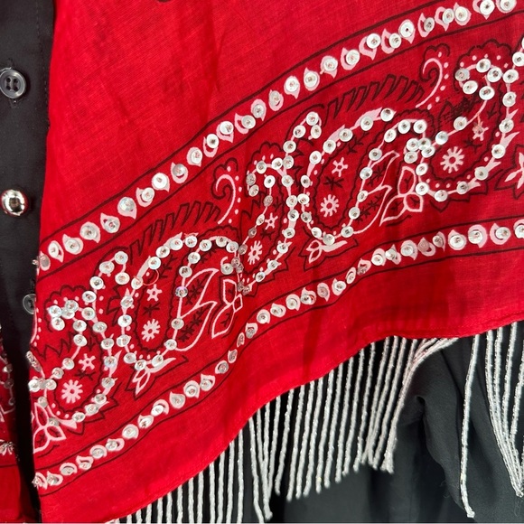 Womens Medium Fringe Western Button Down Shirt Sequins Black Red Rodeo Cowgirl - Picture 3 of 9